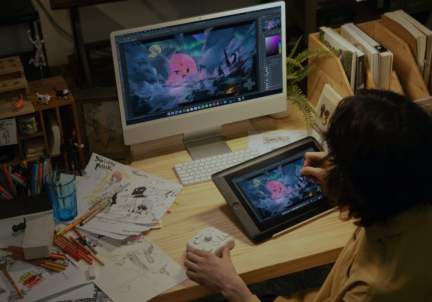 A designer working at a lit desk, artwork on the screen and reference pinned across the wall behind them